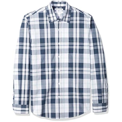 Bild av Amazon Essentials mäns Slim Fit långärmad poplin skjorta, marinblå vit stor pläd, medium
