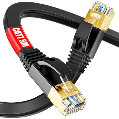 Bild av Ethernet Kabel 5m Cat 7 Nätverkskabel Platt Lan Höghastighets RJ45 Cable 10Gbps 650MHz Vit Internetkabel 5 Meter Kompatibel med Cat6 Cat5 Patchkabel för Router Modem(5 Clips)