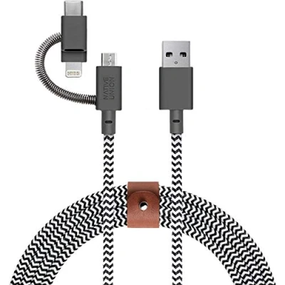 Bild av Native Union bälteskabel universell 2,0 m ultrastark förstärkt [MFi certifierad] hållbar laddningskabel med 3 i 1 adapter för belysning, USB C och mikro enheter (zebra)