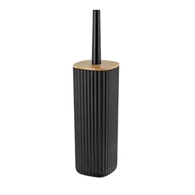 Bild av WENKO WC Garnitur Rotello, geschlossener Bürstenhalter aus hochwertigem Kunststoff mit Bambus Deckel und Rillenstruktur, Ø 10 x 36 cm, inklusive Bürste, Bürstenkopf auswechselbar, Schwarz/Natur