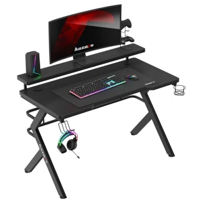 Bild av huzaro Hero 5.0 svart spelbord skrivbord datorbord kontorsbord 120 x 60 cm monitorstativ hörlurskrok mugghållare två kabelgenomföring kolskiva gamer