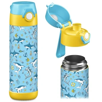 Bild av Jarlson® vattenflaska för barn termisk i rostfritt stål BPA fri läckagesäker barnflaska med tugglock flaska skola, barnkammare 350 ml (hajar, 5