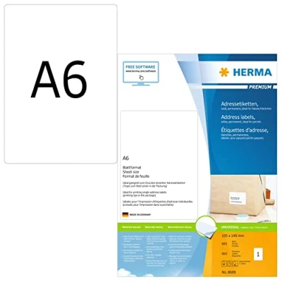 Bild av HERMA 8689 universella etiketter A6 (105 x 148 mm, 800 ark, papper, matt) självhäftande, utskrivbara, permanenta adressetiketter, fraktetiketter, vit