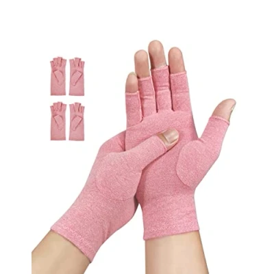 Bild av Donfri 2 par artroshandskar fingerlösa artrit handskar kompressionshandskar för kvinnor och män, smärtlindring värme (rosa, L)