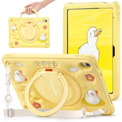 Bild av TECHGEAR BubblyToons barnfodral för Apple iPad 10:e generationen 10,9 tum/iPad 10 2022 barnkammarskolor barnvänligt mjukt och robust tufft fodral, 360 roterande stativ ringgrepp handhållare fodral
