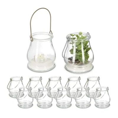 Bild av Relaxdays Vindljus, set om 12, glas, silver och gyllene handtag, inomhus utomhus, värmeljushållare, 10 x 8,5 cm, transparent