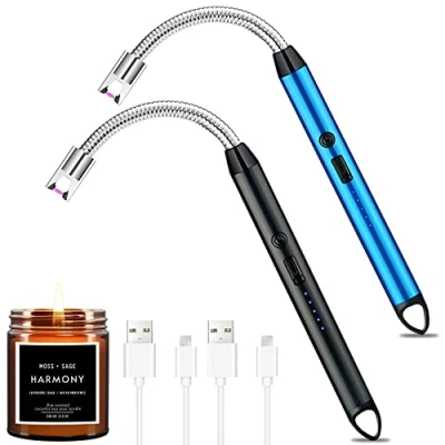 Bild av NCKIHRKK ljusbåge tändare elektrisk, 2 stycken stavtändare, med 360 flexibel hals, vindtät, flamfri, USB uppladdningsbar plasma ljuständare för ljus, grill, camping, öppen spis, svart + blå