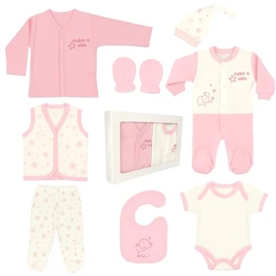 Bild av Blue Eyes nyfödd baby presentset 100 % naturlig bomull första utrustning flicka kläder babyutrustning för spädbarn 04 månader 8 delar (stjärna rosa)