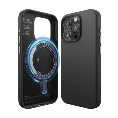 Bild av elago Magnetiskt läderfodral kompatibelt med iPhone 15 Pro fodral, alla MagSafe tillbehör, 6,1 tum inbyggda magneter, veganläder, stötsäker, vattentålig [svart]