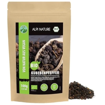 Bild av ekologisk kubepeppar (100 g), ekologiska kubapeppar, javapeppar från kontrollerad odling, Cubeb peppar laboratorietestad, 100% ren och naturlig