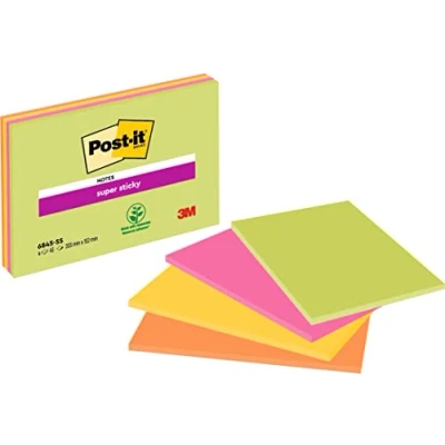 Bild av Post it färgade klisterlappar neonfärger: Grön, gul, rosa och orange, stor minnesdyna för möte anteckningar brainstorming, 4 kuddar med 45 ark, extra stora postanteckningar 200 x 149 mm