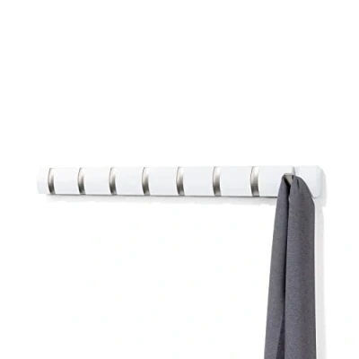 Bild av Umbra Flip 8 krok väggmonterad klädställ, modern, elegant, platsbesparande klädhängare med infällbara krokar för att hänga rockar, halsdukar, plånböcker och mer, vit/nickel