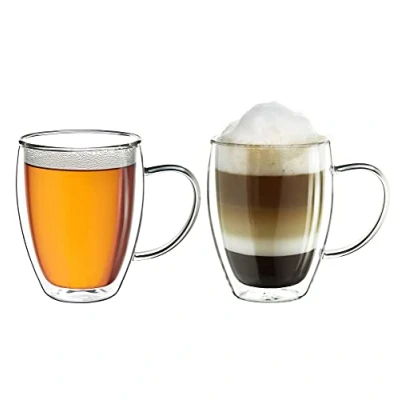 Bild av Creano Dubbelväggigt termoglas med handtag på 250 ml, stort dubbelväggsglas av borosilikatglas, kaffe teglas, set om 2