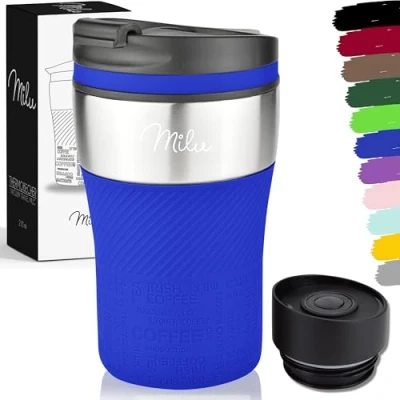 Bild av Milu thermo mugg isolerad kaffe to go 210 ml 100% läckagesäker drickmugg i rostfritt stål bilmugg dubbelväggig isolering termisk resemugg (Blå, 210ml)