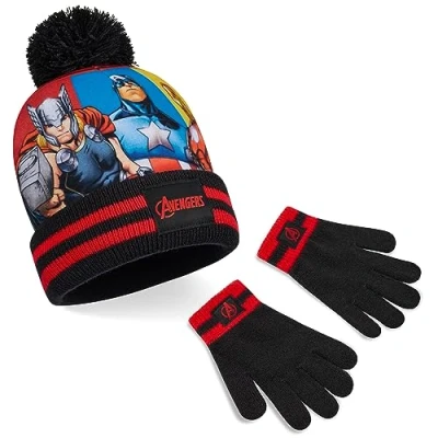 Bild av Marvel mössa pojkar vinterset, varm och bekväm presenter till pojkar, Svarta Avengers 2 stycken, En Storlek