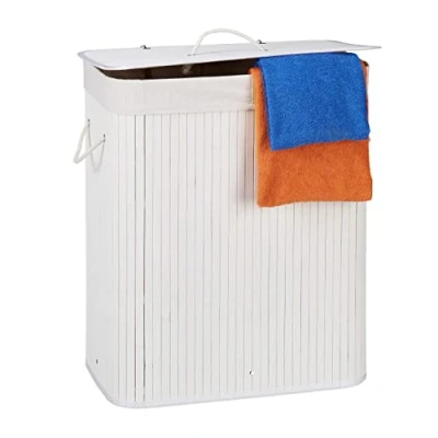 Bild av Relaxdays Bambu tvättkorg med lock, 100 L, klädbehållare, 2 fack, vikbar, rektangulär korg, badrum, vit, 63 x 52 33 cm