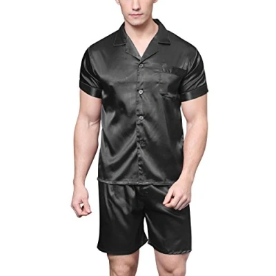 Bild av Kort satinpyjamas för män, kortärmad pyjamas set med shorts, svart, L