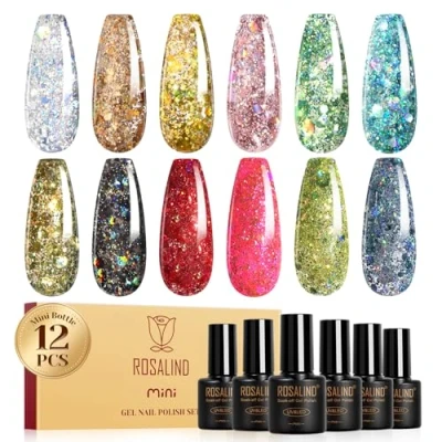 Bild av Rosealind UV nagellack, glitter, 12 färger, silver, brun, guld, rosa, grön, blå, röd, gel, nagellacksset, soak off mini, färggel, gelnaglar för nageldesign, polsk, manikyrgåva