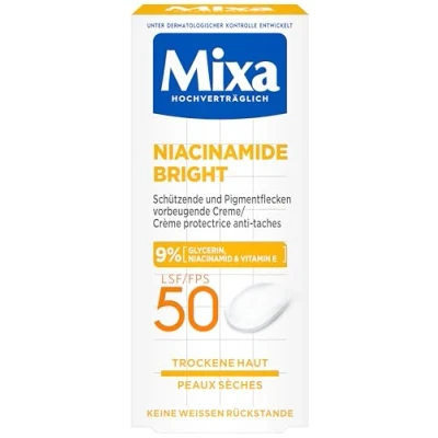 Bild av Mixa skyddande och pigmentfläckar förebyggande kräm SPF 50, antipigmentfläckar kräm, för torr hud, niacinamid Bright, allergivänlig, 50 ml