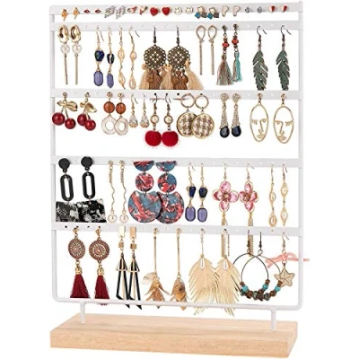 Bild av QILICZ Smyckesställ örhängesställ 100 hål örhängeshållare, 5 djur metall örhänge arrangör med träbas, vita örhängen display smyckeshållare 35 x 27 cm öronsmycke förvaring