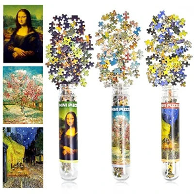 Bild av 3 pack mini pussel 150 delar för vuxna litet x 10 cm underhållningsleksaker heminredning (Mona Lisa, persikoträd, caféterrass)