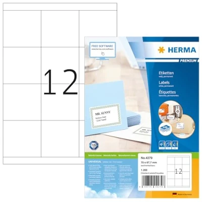 Bild av HERMA 4279 universella etiketter A4 (70 x 67,7 mm, 100 ark, papper, matt) självhäftande, utskrivbara, permanenta adressetiketter, 1 200 klistermärken, vit