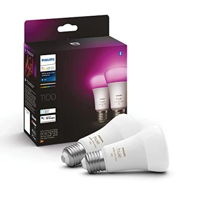 Bild av Philips Hue White and Color Ambiance ljuskälla E27, 2 pack, LED 9W, 1100 lumen, 2200 6500 Kelvin, 16 miljoner färger, Zigbee &amp; BT, röststyrning via Amazon Alexa, Google Home Assistant och Siri