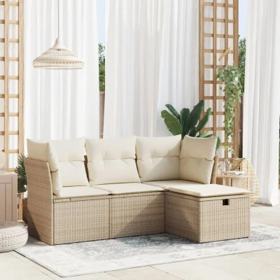 Bild av Soffgrupp för trädgård med dynor 4 delar beige konstrotting