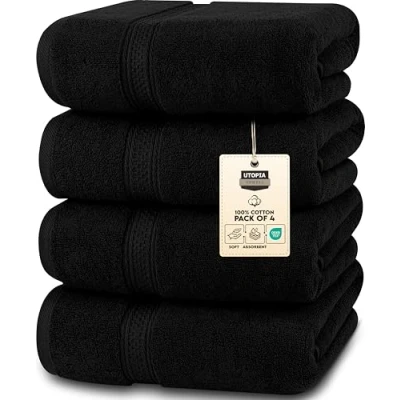 Bild av Utopia Towels Badhandduksset, premium bomull 100% ringspunnet snabbtorkande, mycket absorberande, mjuka handdukar, perfekt för daglig användning (4 pack) (Svart)