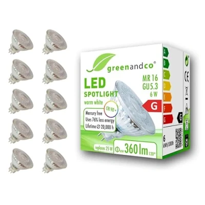 Bild av 10x greenandco CRI 90+ 3000K 110 LED spot ersätter 25W GU5.3 MR16 halogenstrålkastare, 6W 360lm varmvit 12V AC/DC, flimmerfri, inte dimbar