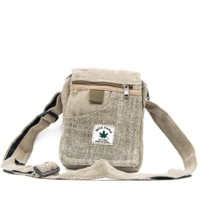 Bild av Fwosi Hampa Crossbody Messenger väska unisex vanlig skolväska för män och kvinnor lätt, bomull, axelväskor 4 fack, blixtlåsstängning, justerbar rem handgjord i Nepal, Natural White, small