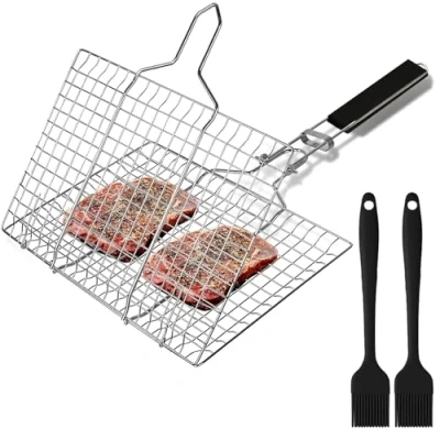 Bild av Nuangoo Grillkorg, grillkorg i rostfritt stål med 2 silikonborstar, grillkorgar, fiskbryggare, set, vikbar avtagbart handtag, lämplig för grillning utomhus