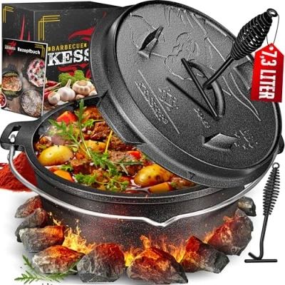 Bild av KESSER® 12 liters holländsk grillugnsset, eldgryta med underlägg i rostfritt stål, gjutjärnsgryta lockhöjare, handtag och termometerspår