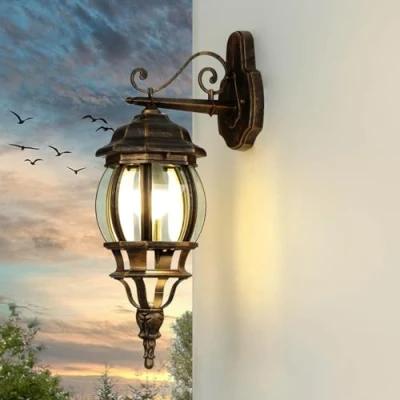 Bild av Nostalgisk vägglampa med ytterbelysning &quot;Brest&quot; i antik svart/av aluminiumtryckgjutning, IP44, E27 till 60 W/mångsidig för utomhusgård trädgård belysning