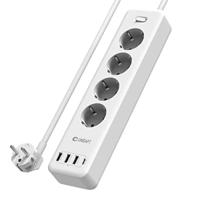 Bild av Unidapt flera uttag med 4 smarta USB portar (3,4 A/15 W), C grenuttag väggmontering (2 500 W/10 A) överströmsskydd och barnskydd, strömbrytare 1,8 m kabel, vit