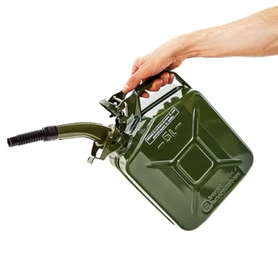 Bild av BW© Bränsletank, metall, bensindunk, 5 liter med pip olivgrön RAL 6003 TÜV testad och UN godkänd Tillverkad i Europa