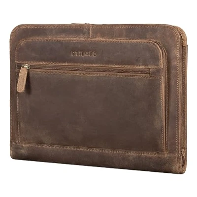 Bild av STILORD &quot;Elton&quot; dokumentväska läder konferensmapp A4 skrivmapp 33 cm (13,3 tum) mapp stor dokumentmapp med dragkedja vintage äkta läder, Medium brun, L, portfölj