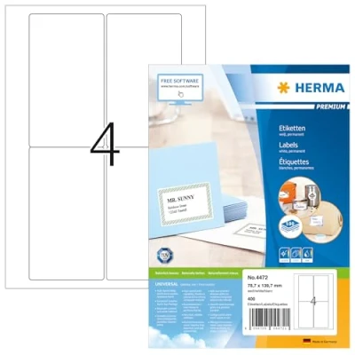 Bild av HERMA 4472 universella etiketter A4 (78,7 x 139,7 mm, 100 ark, papper, matt) självhäftande, utskrivbara, permanenta adressetiketter, 400 fraktetiketter, vit