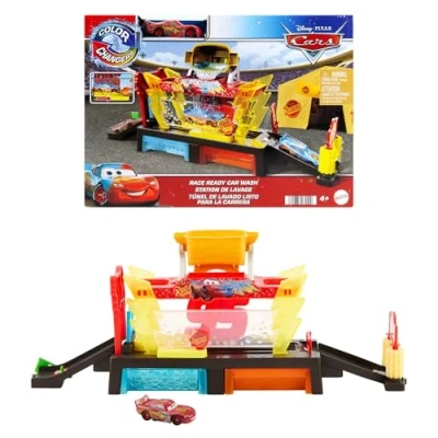 Bild av Mattel Disney och Pixars Bilar, lekset med biltvätt som ändrar färg på bilen, Blixten McQueen leksaksbil, 51cm lång, går att koppla ihop andra set, JBM70