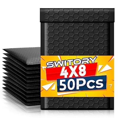 Bild av Switory 50 st 10,2 x 17,7 cm (4 7 tum) bubbelkuvert i polyester, vadderade kuvert storpack, #000, bubbelfodrade plastpåsar för frakt, förpackning, post, självförseglande (svart)