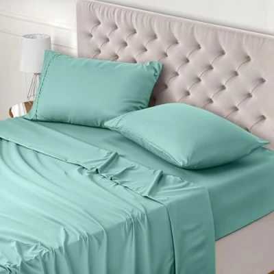Bild av Utopia Bedding 4 Delat Sänglakanset 180x200 Enkel Skötsel Mjukt Borstat Mikrofibertyg Platt Lakan, Dra på lakan Med 2 Örngott 50x75, Spa blå