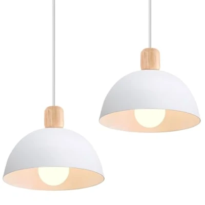 Bild av iDEGU Set med 2 ljuskronor, pendellampor, modern stil, halvcirkel taklampa, E27 i trä, metall, hängande lampa för sovrum, matsal, kök, Ø 20 cm (2 pack vit)