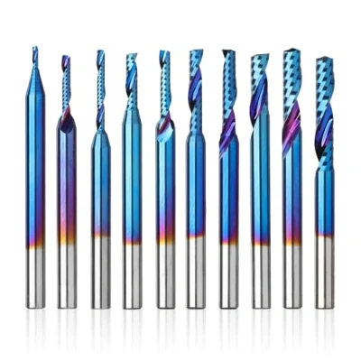 Bild av Genmitsu 1/8 tums skaft 10 st karbid spiral O flöjt (single flod) End Mill CNC router bits, 91,5 högre HRA Nano Blue Coat, perfekt för metall Carving aluminium koppar, OS10B