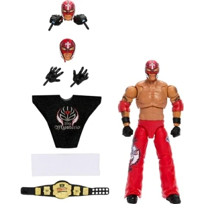 Bild av Mattel WWE Ultimate Edition actionfigur Rey Mysterio TakeOver samlarobjekt med utbytbara tillbehör, extra huvuden och händer (exklusive Amazon)