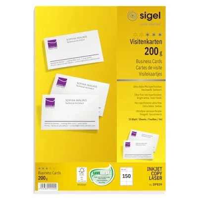 Bild av SIGEL DP839, 85 x 55 mm (A4), visitkort, mp, 200 gsm, utskrivbar, ljusvit, 150 st. = 15 ark