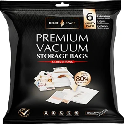 Bild av GENIE SPACE Otroligt Bra Premium Platsbesparande Vakuumpåsar Variation 6 Pack (2XL+2L+2M) Lufttäta &amp; Återanvändningsbara Spara utrymme för Kläder, Handdukar, Sängkläder, Täcken