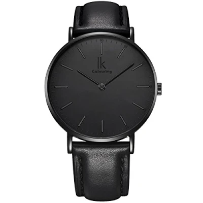 Bild av Alienwork IK All Black Klocka Herr Dam Svart Läder Armband Ultratunna