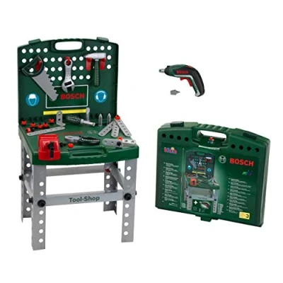 Bild av Theo Klein 8676 Bosch arbetsbänk Med batteridriven Ixolino skruvdragare Hopfällbar och lätt att transportera Mått: 41,5 cm x 8,5 76,5 Leksak för barn från 3 år