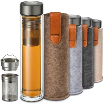 Bild av Cosumy Teflaska med infusionsbehållare 500 ml dubbelväggigt glas filtpåse värmetålig läckagesäker diskmaskinssäker (Sandbrun)