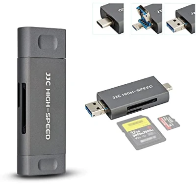 Bild av JJC Metall SD kortläsare, USB 3.1 Micro 2.0 Typ C enkel kortläsare OTG adapter för UHS II I SDHC SDXC minneskort (grå)